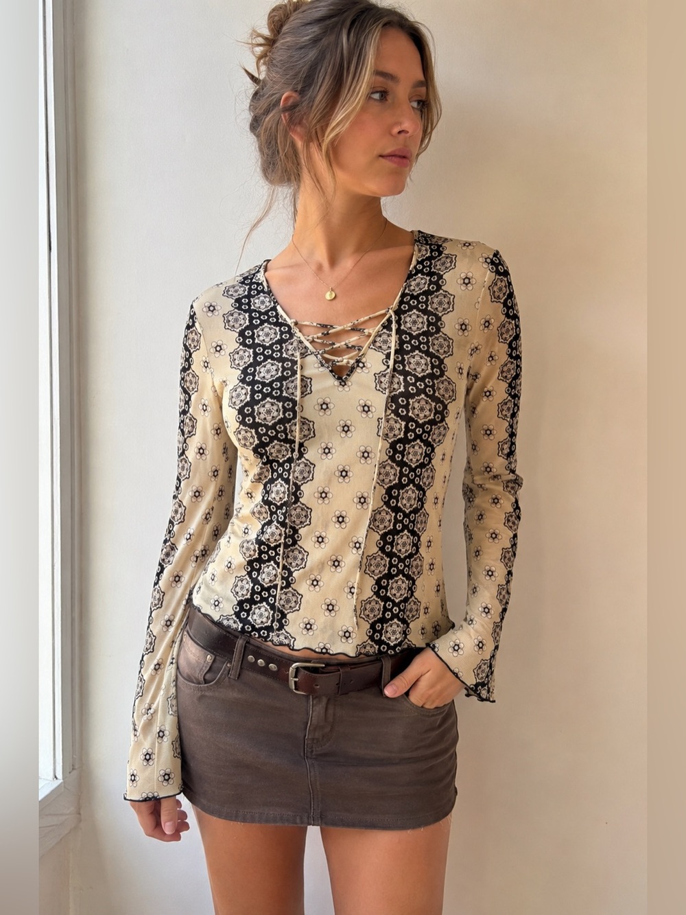 Vintage Y2K Esprit Mesh Lace Up Top Floral Boho Fairy Grunge Coquette Medium
